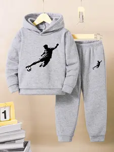 Autumn Winter Fleece Set, Soccer Player Silhouette Print, Athletic Casual Boys' Youth Kits Sweatshirts Hoodie and Sweatpants, Comfortable Fashion Gift for Kids