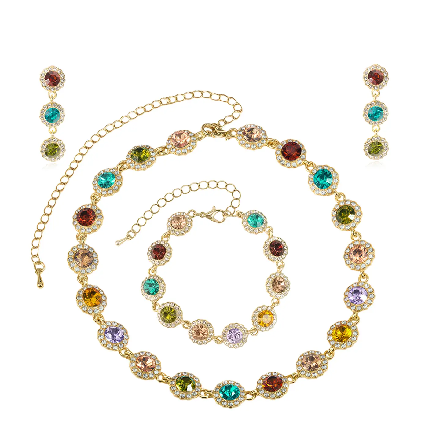 GGIRL Exquisite Luxurious Colorful Round 18K Gold Plated Artificial Zircon Bead Necklace/Bracelet/Earrings Jewelry 3pac/Set for Women, Elegant Fashionable Versatile Accessories Gift For Party/Birthday/Wedding Ideal for Girlfriend