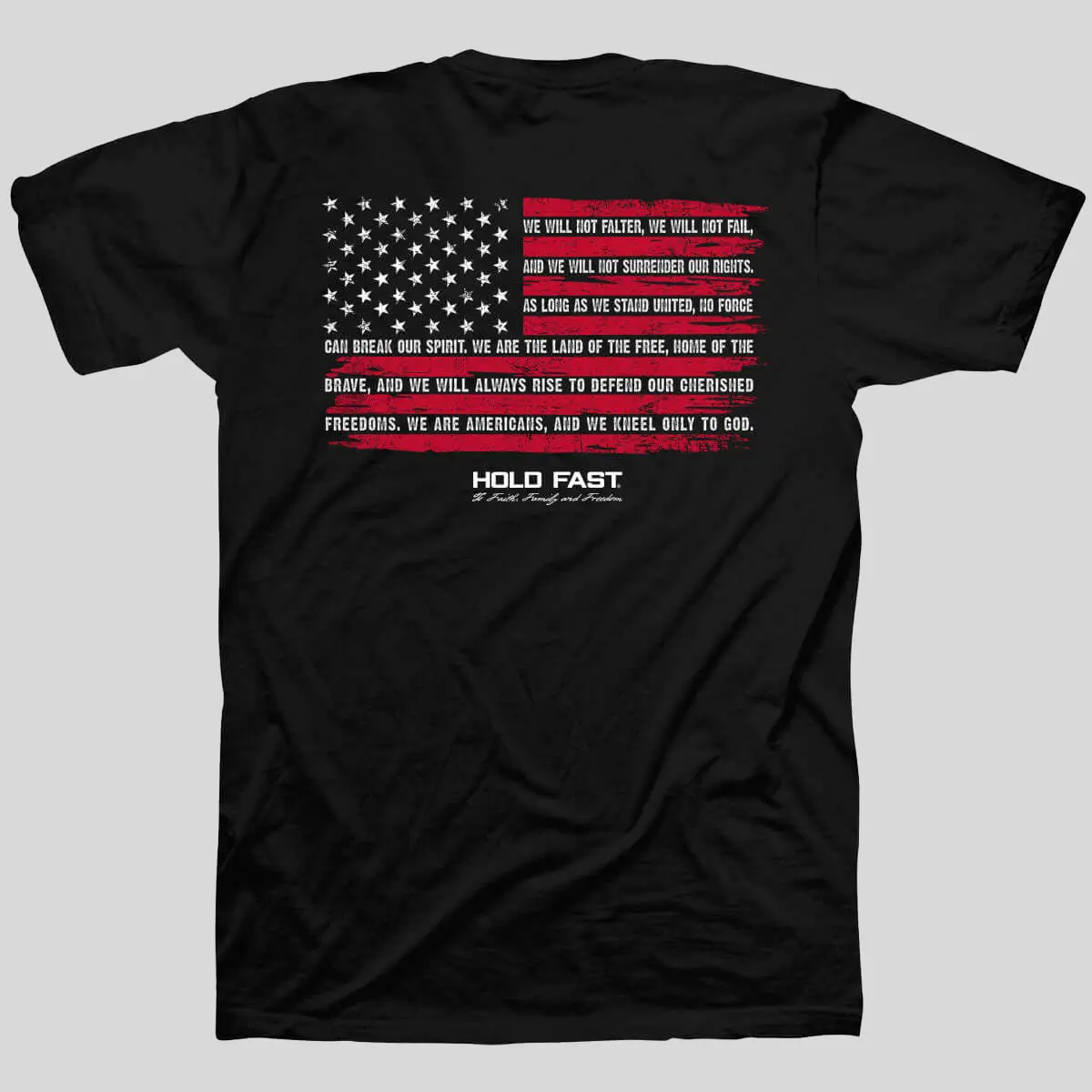 Men's Patriotic Graphic T-Shirt | "We Will Not Falter" Print, Seamless Tubular Fit with Double-Needle Sleeve and Hem, 100% Cotton, Casual Wear, Bold Message, Flag Print, Patriotic Text, Streetwear, Round Neck