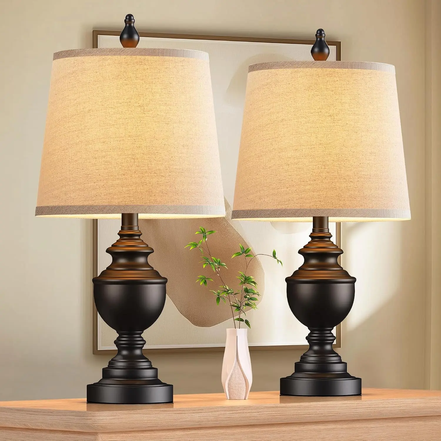 Retro Table Lamps Set of 2, Bedside Lamp for Bedroom Rustic Farmhouse Table Lamps for Living Room, Vintage Nightstand Lamps with White Shades, Matte Black