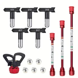 Airless Paint Sprayer Parts Kit. Includes 5 reversible nozzles (models: 111, 213, 315, 417, 517), 1 nozzle guard, and 3 spray gun extensions (20cm/7.81 inches, 30cm/11.8 inches, 50cm/19.7 inches). Suitable for precision painting of cars, fences, and walls
