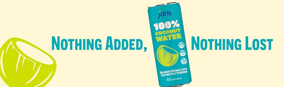 Jans 100% Coconut Water No Added Sugar 11.15oz (Pack of 12) Pure Coconut Refreshment, Vegan, Gluten-Free, Hydration with Electrolytes