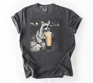 Comfort Colors Raccoon Drinking Iced Coffee TShirt Funny Animal Meme Tee Coffee Lover Raccoon TShirt Unisex Graphic T-Shirt