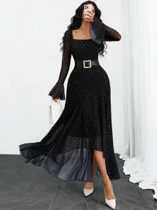 Elegant French Style Women's Dress with Square Neck, Polka Dot Flared Sleeves, Mesh Patchwork Hem, Casual Office Vacation Wear