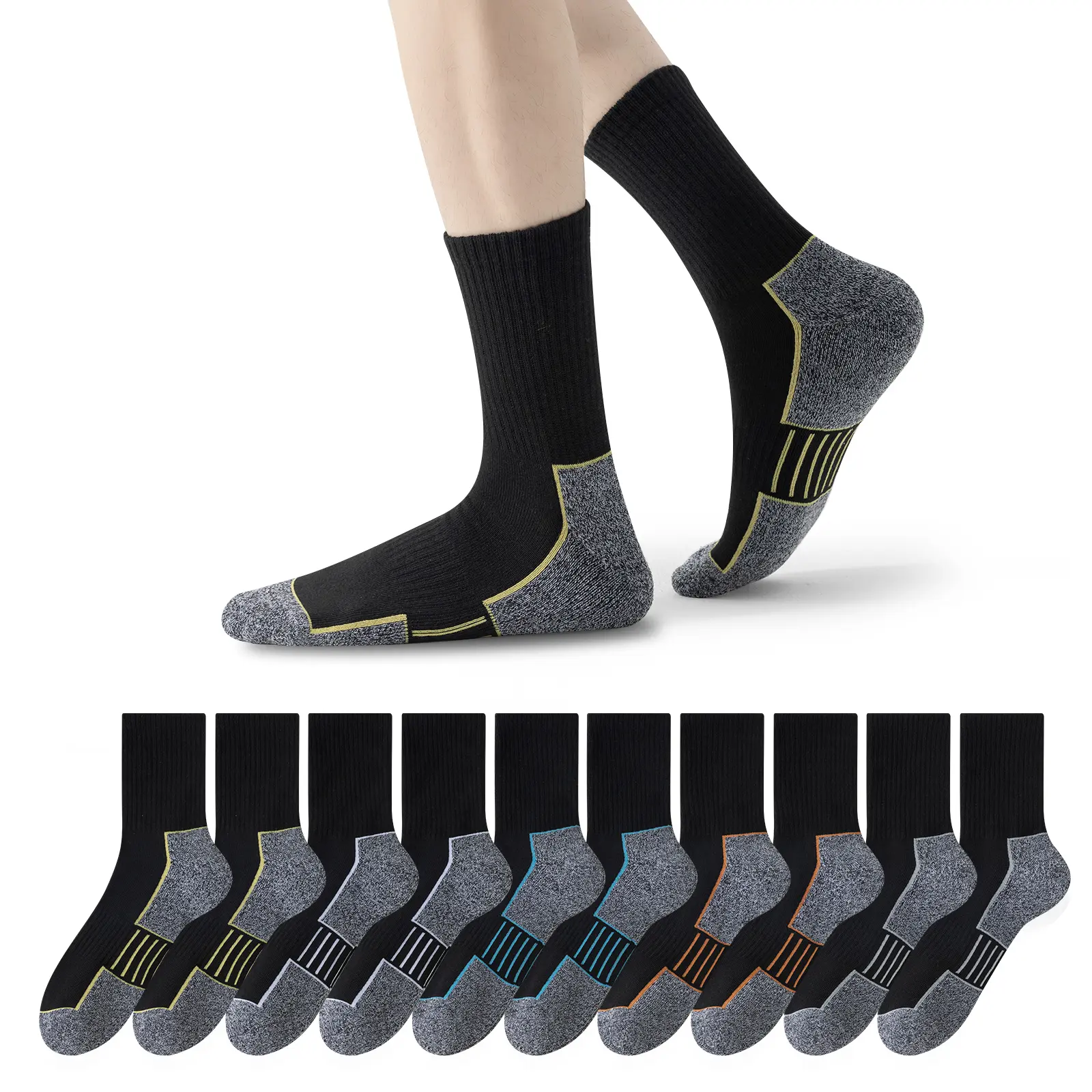 10 pairs of men's work boots and socks, towel socks lining, wear-resistant, thickened sweat absorbing, reinforced design, hiking socks, suitable for long-term standing work and outdoor sports, fitness exercises, holiday gifts