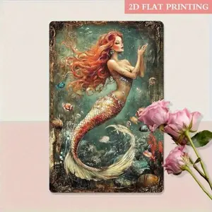 Aluminum Retro Coastal Mermaid Wall Art Sign for Home Bar Cafe Office Room Decor Artistic Decoration 8x12 Inch Vintage Beach Mermaid Aluminum Metal Sign Decorative Wall Art Ocean Inspired Design