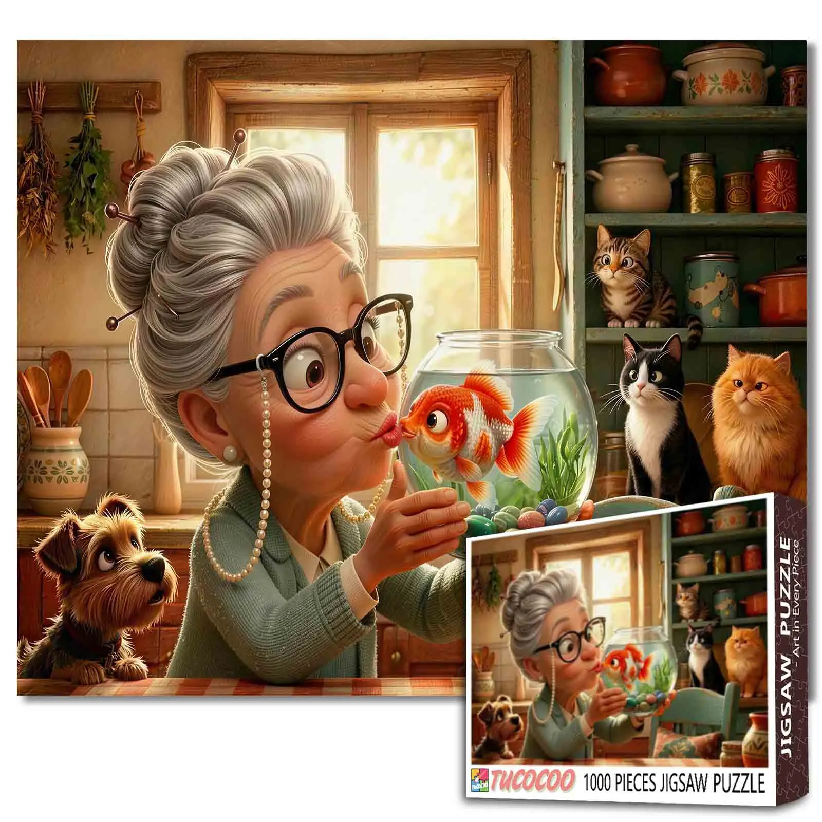 Tucocoo Funny Grandma Goldfish 1000 Pieces Jigsaw Puzzle Cozy Kitchen Cute Cats Puppy Whimsical Home Artwork for Adults, Family Game Night, Stress Relief, Brain Challenge, Wall Decor Gift for Grandparents, 27.5x20inch(70x50cm)