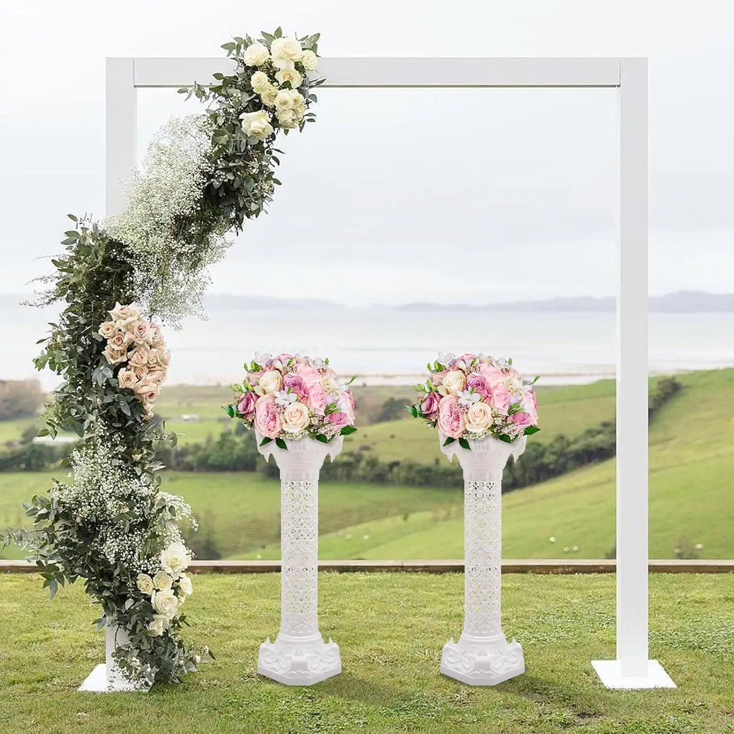2Pcs Wedding Roman Column, White Wedding Landscaping Roman Pillar Artistic Party Decorative Column Statue Party Flowerpot Holder for Indoor Outdoor Wedding Birthday Party Decor 10.63*34.65in Plastic Backdrop Friend Rectangle