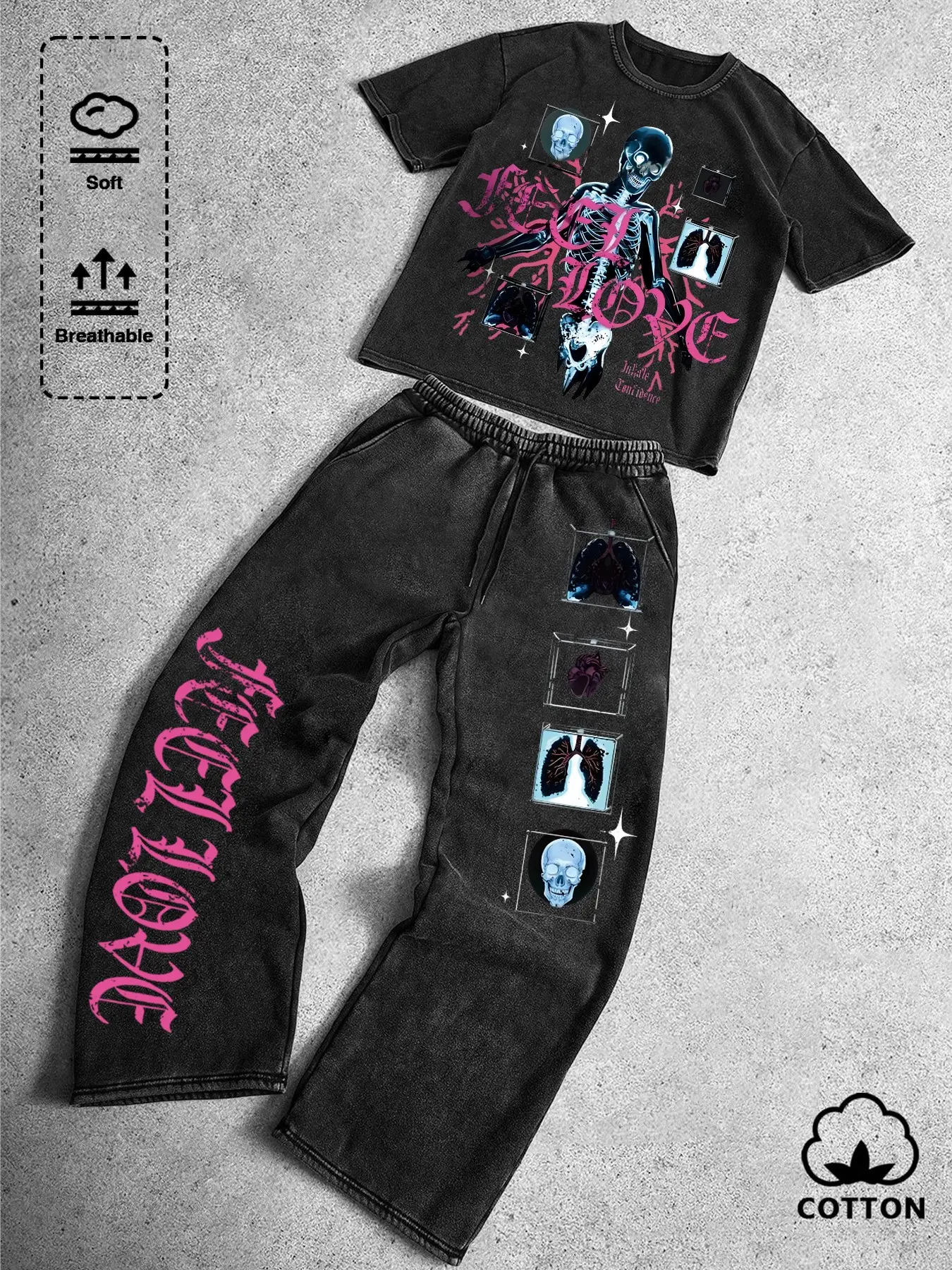 Dark Feminine Pink Gothic Graphic Print Two-Piece Set: Comfy Breathable Cotton Fitted Casual Streetwear Crop Top + Baggy Pants, TikTok Viral Grunge Aesthetic Outfit for Everyday Versatile Styling Fashion