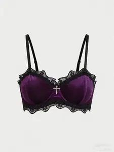 Women's Velvet Halter V Neck Bralette Underwear, Soft Stretch Intimates, Everyday, Lace Details, Metal Cross, Soft Comfortable Fabric, Perfect for Home Wear or Layering, Fit, Soft Comfy Bra