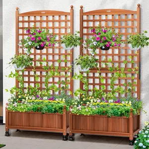 VIVOHOME Mobile Planter Box with Trellis 62 Inch Tall, Standing Natural Wood Raised Garden Bed Outdoor with Drainage Holes for Flowers, Climbing Plants, Balcony and Patio Decor (Extra Wheels)