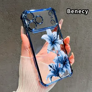 Blue Lily Grace Pattern Four Corner Anti-Fall Phone Case Transparent Electroplated Protective Cover for iPhone 17 16 Pro Max 15 Plus 14 13 12 11 E Air