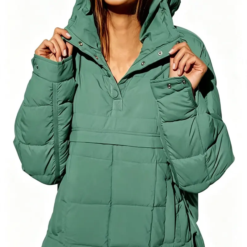 Women’s Hooded Pullover Puffer Jacket – Quilted Polyester Fiberfill Cotton-Padded Winter Coat, Relaxed Fit