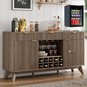 [Summergarden][Ships in 2 Boxes]VanAcc 60" Coffee Bar Cabinet with Fridge (Included), Fluted Wine Bar Cabinet with Wine Rack and Glass Holder, Buffet Sideboard Table for Home with 3 Drawer & Storage