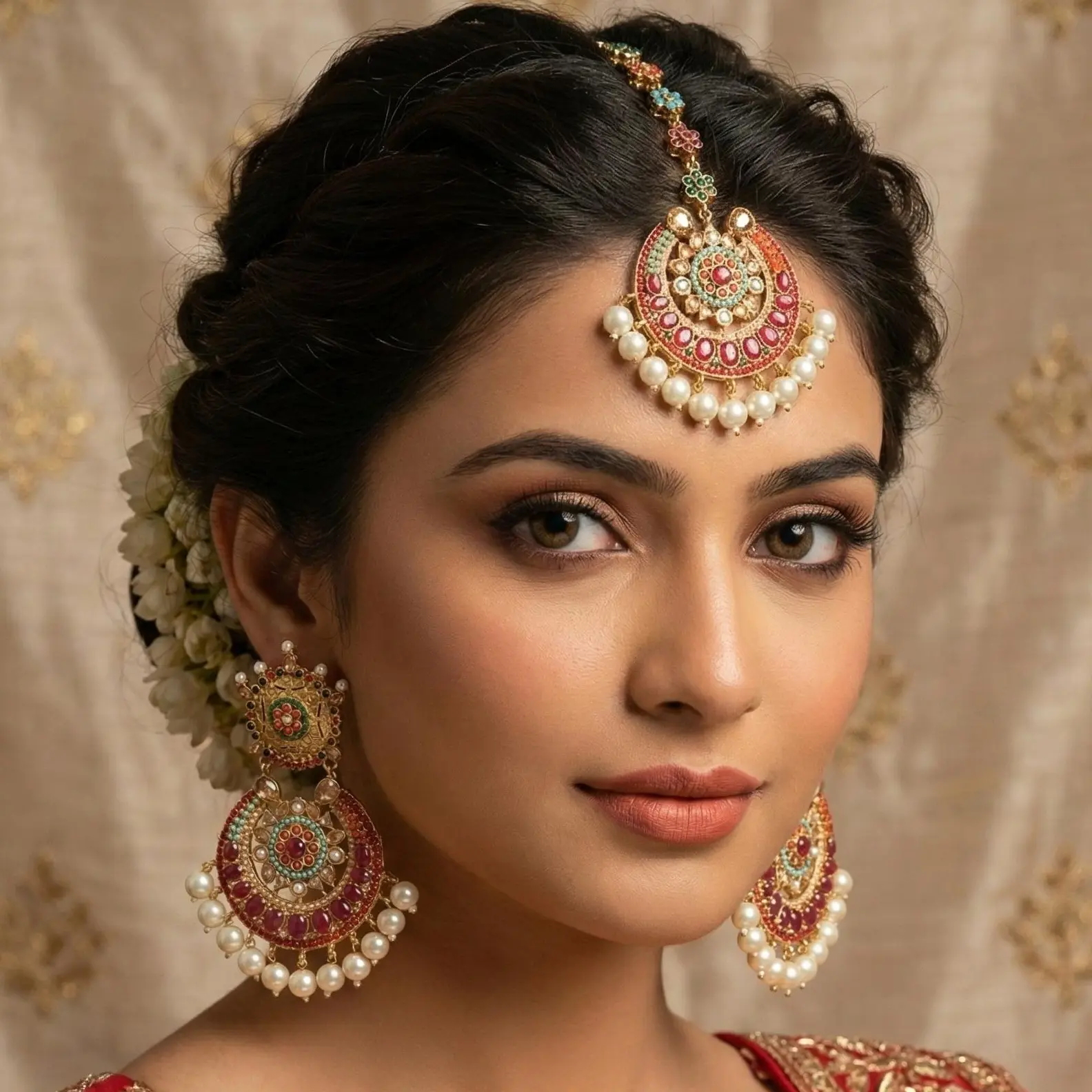 Nauratan Gold-Plated Pakistani Chandbali Drop Earrings - Wedding Set