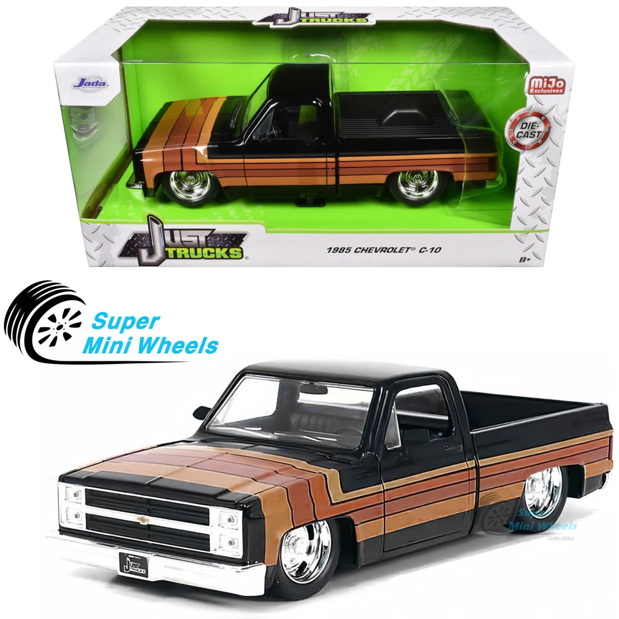 Jada 1:24 1985 Chevrolet C10 Pickup with GM Rally Wheels & Paradox Wheels – Black w/ Stripes – Just Trucks