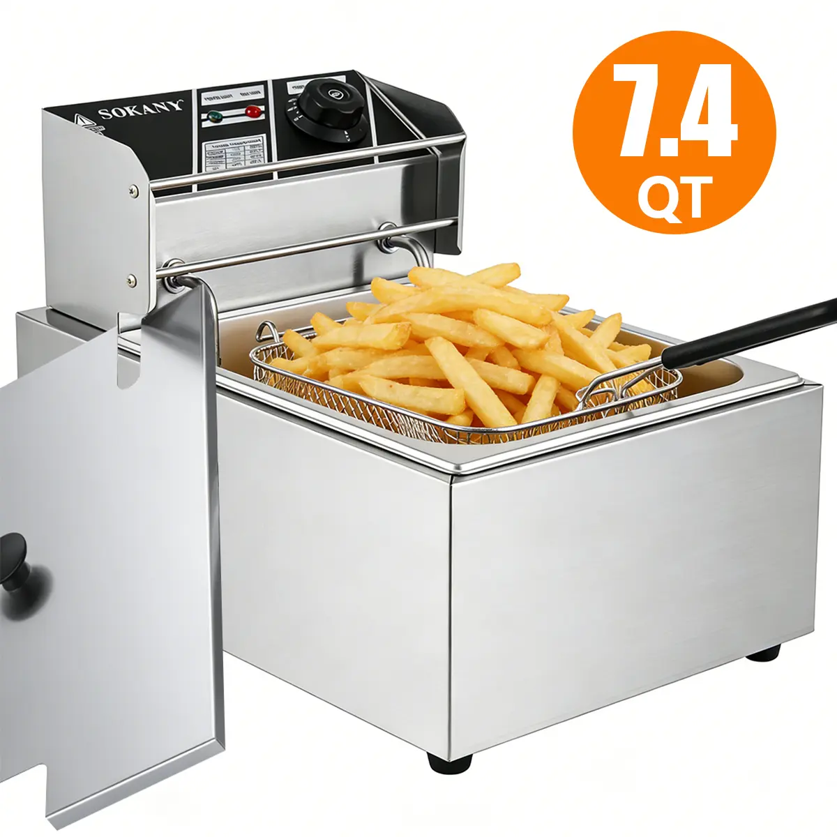 SOKANY 2000W Stainless Steel Electric Deep Fryer - 7.4QT Capacity, Basket Included, Adjustable Temperature Control, Removable Lid, Anti-Scald Handle, Fast Even Heating, Easy Clean, Safe & Comfortable to Operate for Home Cooking Deep Frying