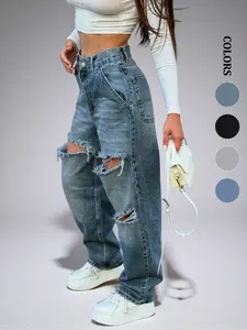 New Women's Fall Clothes Y2K Casual Fashion Streetwear Distressed Pocket Straight Leg Homecoming Jeans Denim Clothing