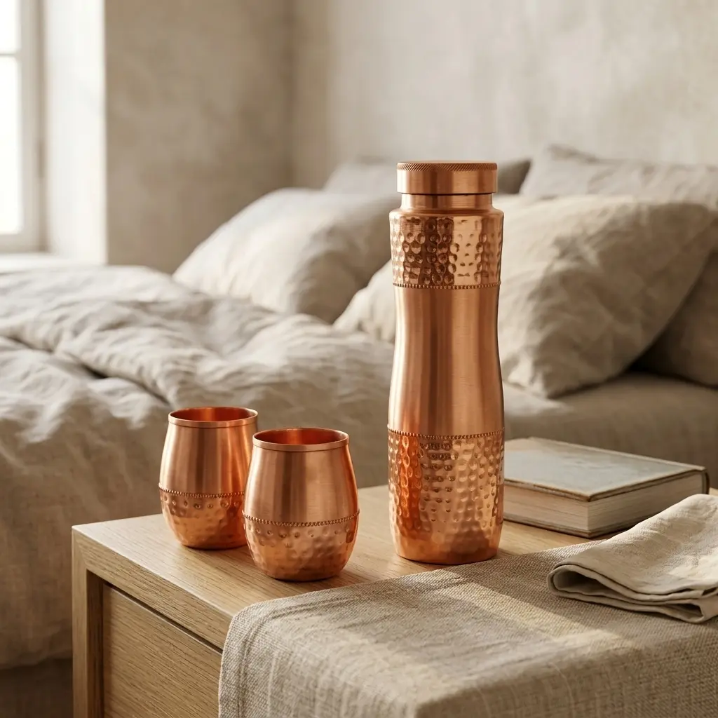 100% Pure Copper Water Bottle - Traditional Classic Handcrafted Hammered Reusable Drinkware, Leakproof Ayurvedic Kitchenware with Lid, Gift Box Included