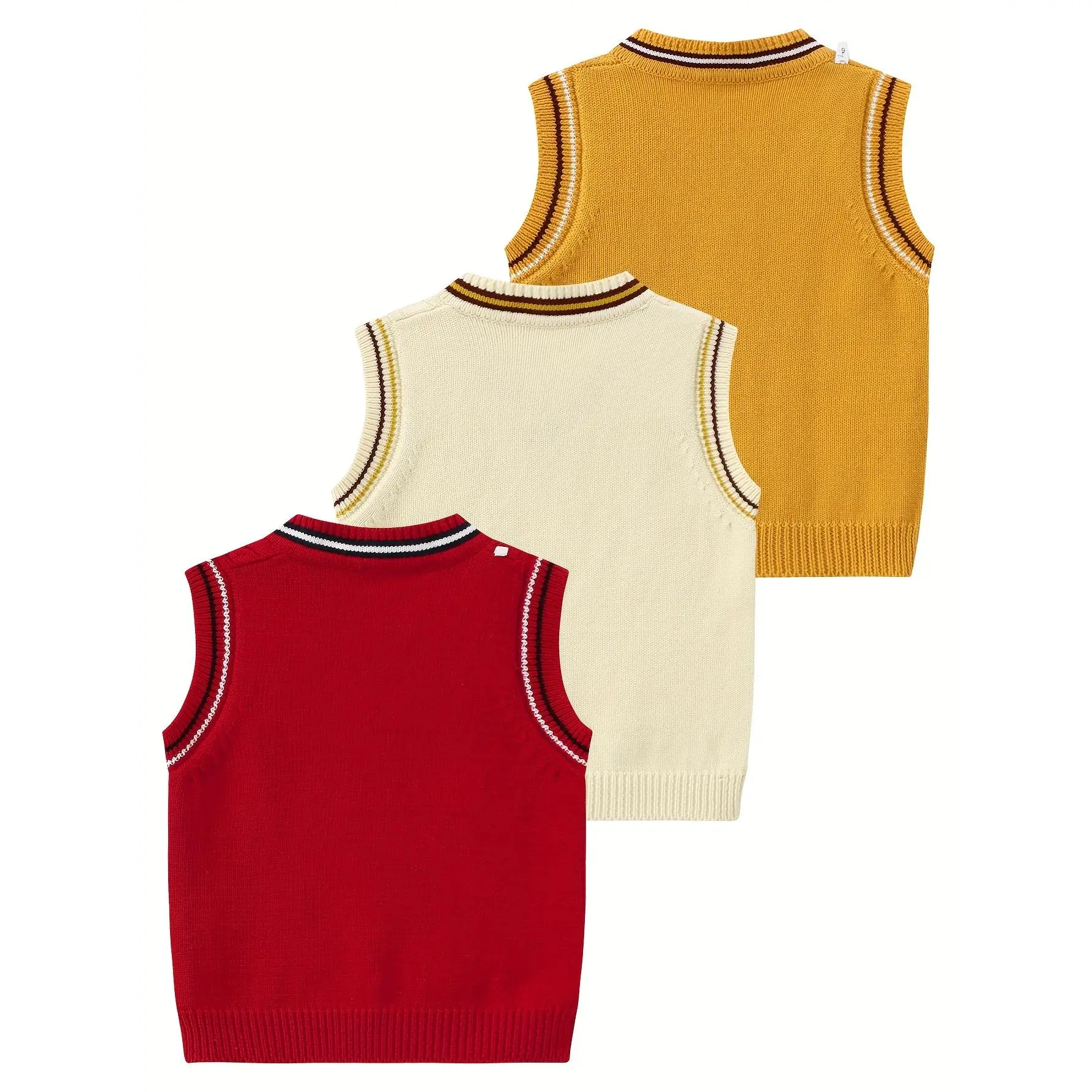 Boys' Ribbed Sweaters (3pcs, Beige/Red/Yellow) - Perfect for Fall & Winter Layering, Creates a Stylish Layered Look