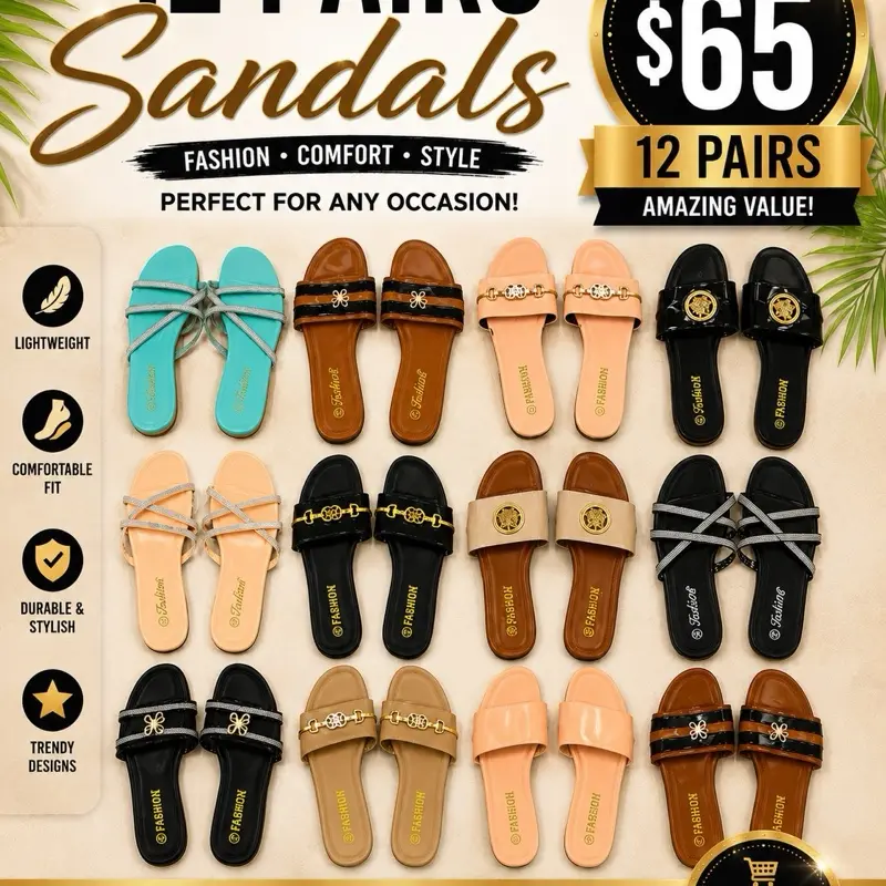 Women's Sandals Wholesale Pack, Mixed Lot of Casual Summer Slides and Thong Sandals - 12 Pair Assortment, Sandals Women