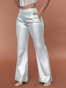 Women's Metallic Fabric Pocket Flare Leg Pants, Fitted Party High Waist Trousers For Nightclub Music Festival, Ladies' Bottoms For Spring & Fall, Slim, Womenswear