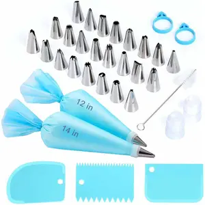 Piping Bags and Tips Set,  Cake Decorating Kit with 24 Stainless Steel Icing Tips,2   Piping Bags,2 Couplers,3 Scrapers, Bag Ties & Brush for Baking, Cookie Icing and Cupcakes