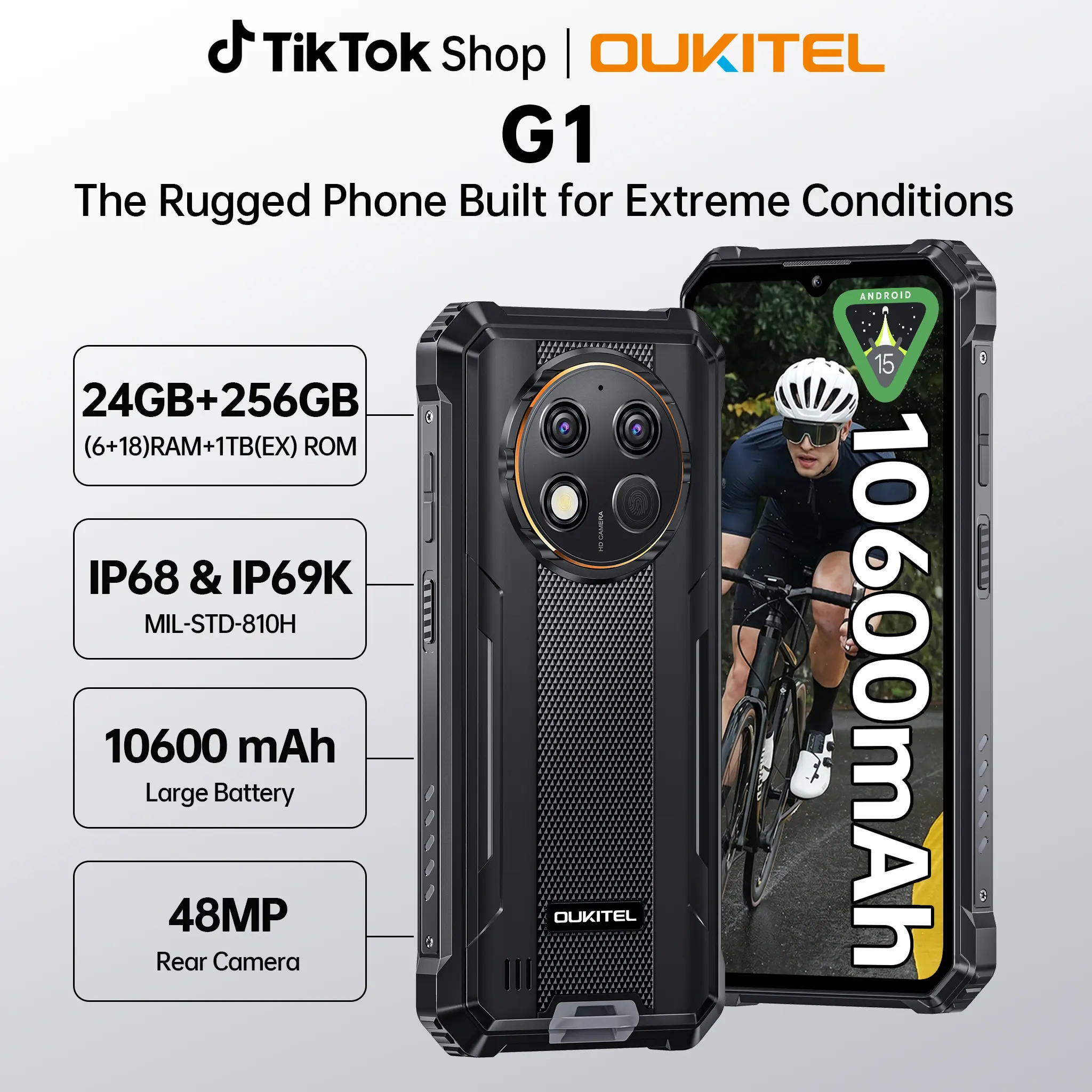 OUKITEL G1 Rugged Smartphone Unlocked, 24GB RAM + 256GB ROM (1TB Expandable), 10600mAh Battery, IP68/IP69K Waterproof Phone, 48MP Camera, 6.52'' HD Display, NFC, Dual SIM, Android 14