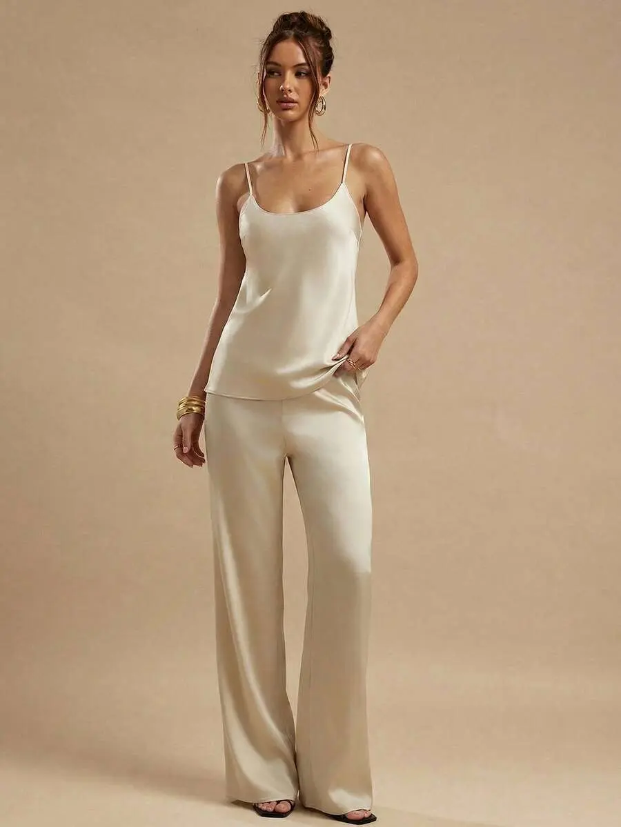 VATIVESOCIETY Apricot Cream Camisole Top & Satin Palazzo Pants 2 Pieces Set,Elegant Summer Outfit For Wedding Guest,French Old Money Style,Date Vacation Outfits