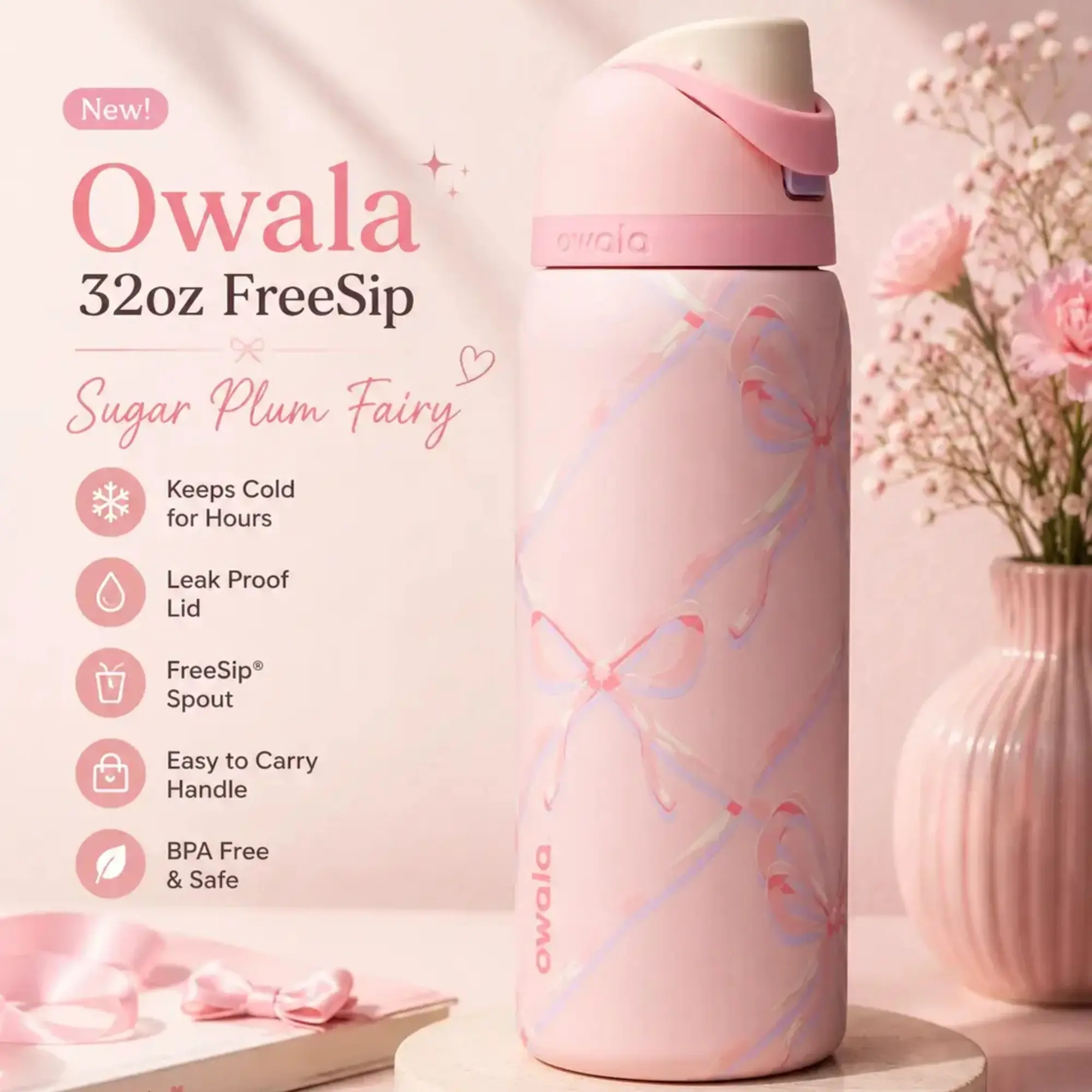 Owala Sugar Plum Fairy 32 Oz FreeSip Water Bottle Pink Bow