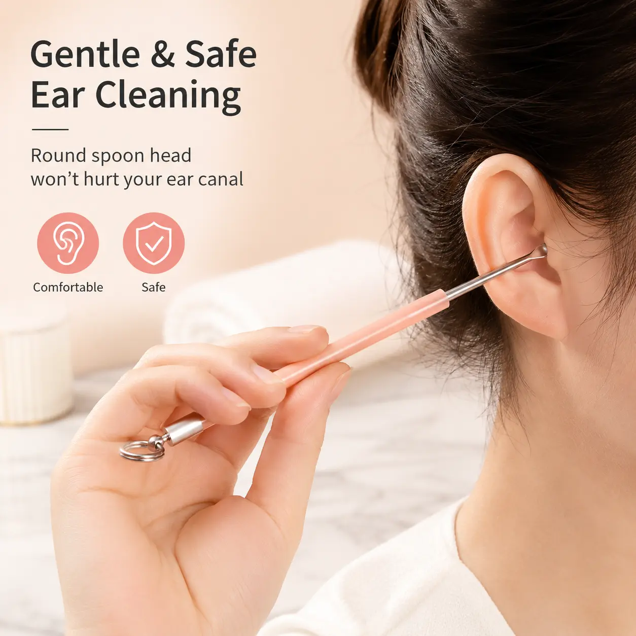Stainless Steel Earwax Remover Stick - Gentle & Safe Ear Cleaning Tool with Non-Slip Handle, Portable Built-in Key Ring, Rounded Tip, Polyvinyl Chloride (PVC)-Free, 1-Piece Daily Use Ear Pick