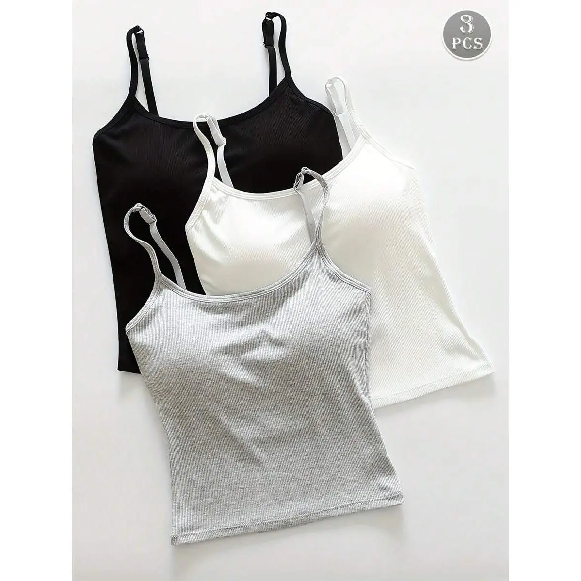 3pcs Women Plain Ribbed Camisole With Padded Bra, Casual Skinny Crop Top, Workout