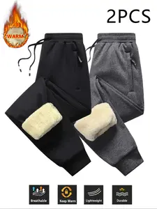 2-piece set, men's casual winter lamb wool warm pants, with zippered pockets and drawstring, straight tube, foot binding options, comfortable and easy to match, Casual Comfy Trouser