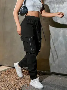 Women's Solid Pocket Drawstring Adjustable Cargo Pants, Basic Casual Streetwear Y2K Style Trousers for Daily Wear, Ladies Bottoms for All Seasons, Womenswear Fit