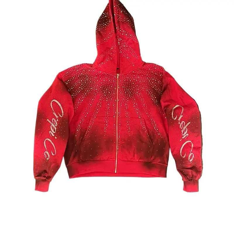 Two-Tone Rhinestone Hoodie - Red Gradient with Gold Rhinestones and Zipper Closure