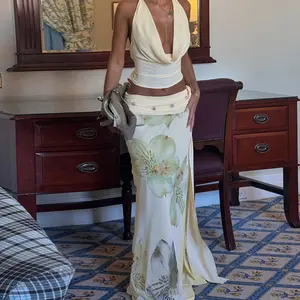 Backless Crop Top & Floral Print Maxi Skirt Two Piece Set with Thigh High Slit and Tie Slim Bodycon Essentials Holiday Beach  Vacation Party Night Dating Outfits Spring Statements Sheer Skirt Summer Suit