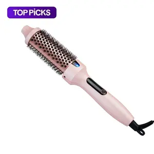 Ionic heated styling brush, heated round brush, pink, minimises damage, heated hair curling brush, single-barrel with negative ions, suitable for wavy hair, perfect for a summery look, curling tongs/curling iron