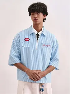 American Casual Blue Striped Half-Zip Short Sleeve Shirt, Embroidered Logo, Loose Fit, Refreshing and Youthful Style