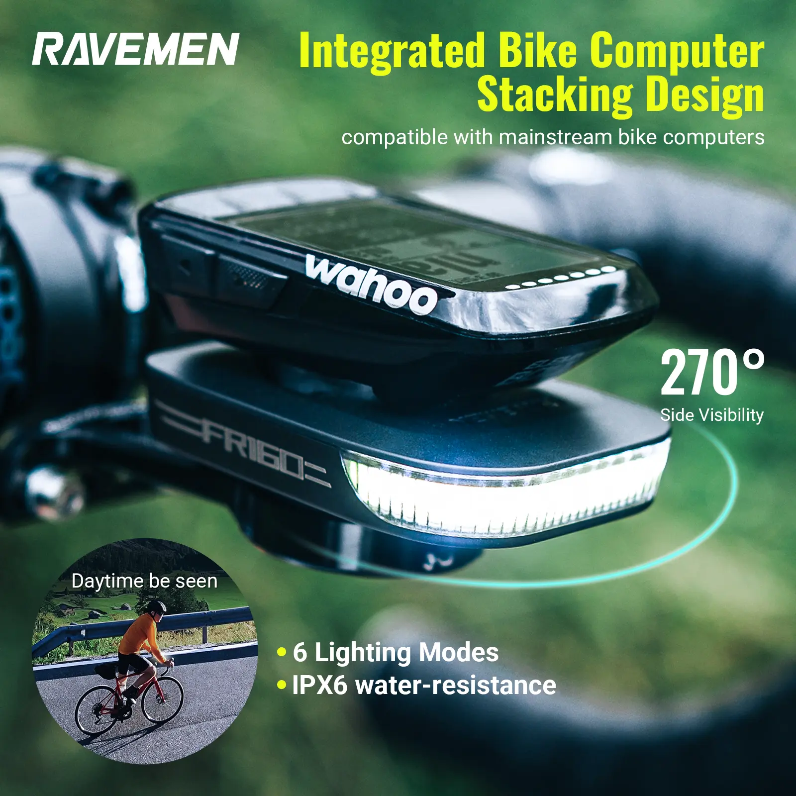 RAVEMEN FR160 Stealth Bike Light | Integrated Stackable Design(Fits Garmin) | 6 Modes(3 Flashing+3 Steady) | 270°  Side Visibility | IPX6