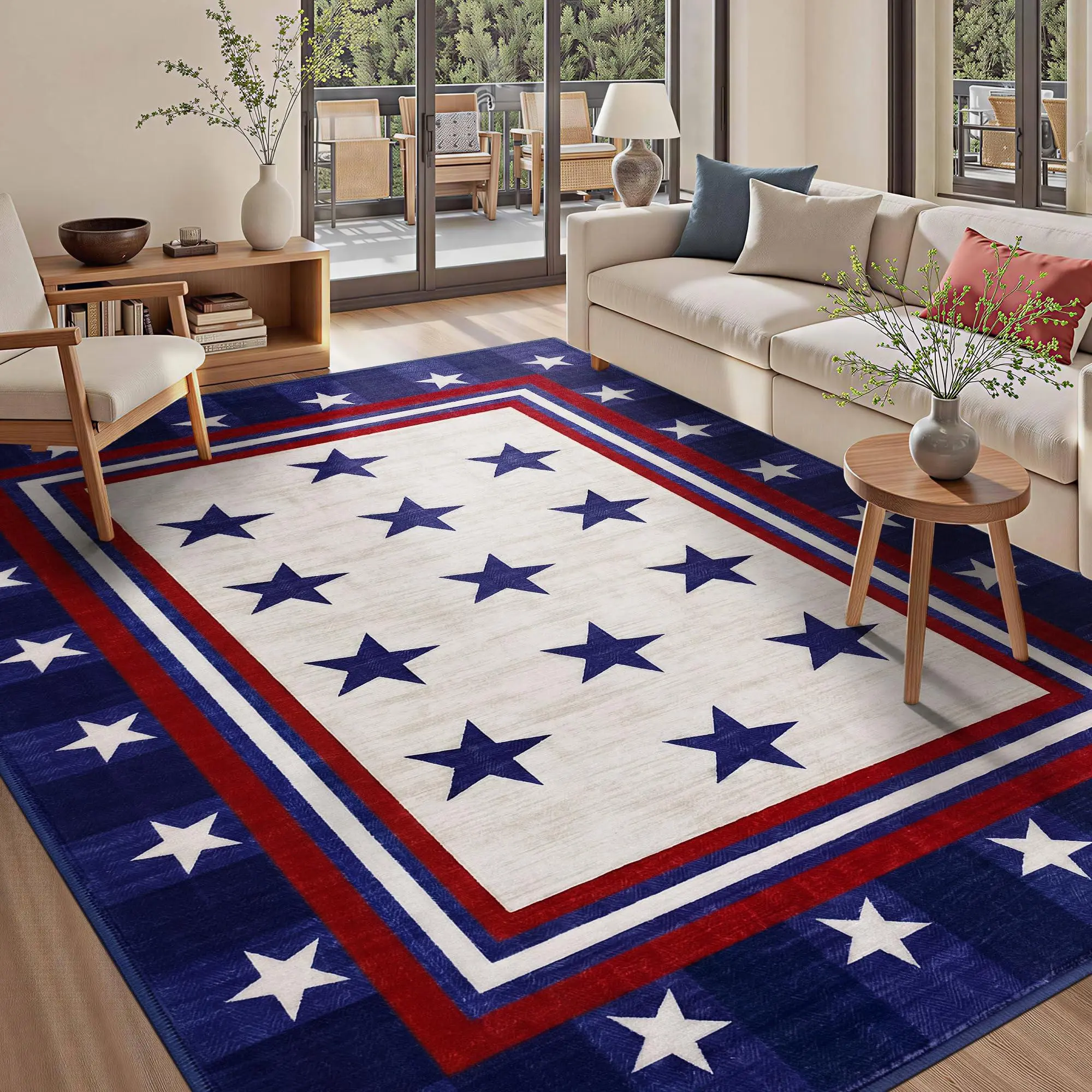 GAOMON 5x7 American Flag Area Rug, Washable Patriotic Vintage Area Rug, Non-Slip Low-Plie Carpet for Living Room, Bedroom, Dining Room, Home Office, Dorm, Blue Beige