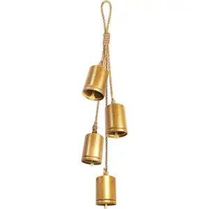 Christmas Bells for Decoration, Hand Craft Brass Vintage Rustic Bell Set of 4, Hanging Gold Ornaments Shabby Chic Cow Bells Decor on Rope for Wreath, Indoor, Party, Home