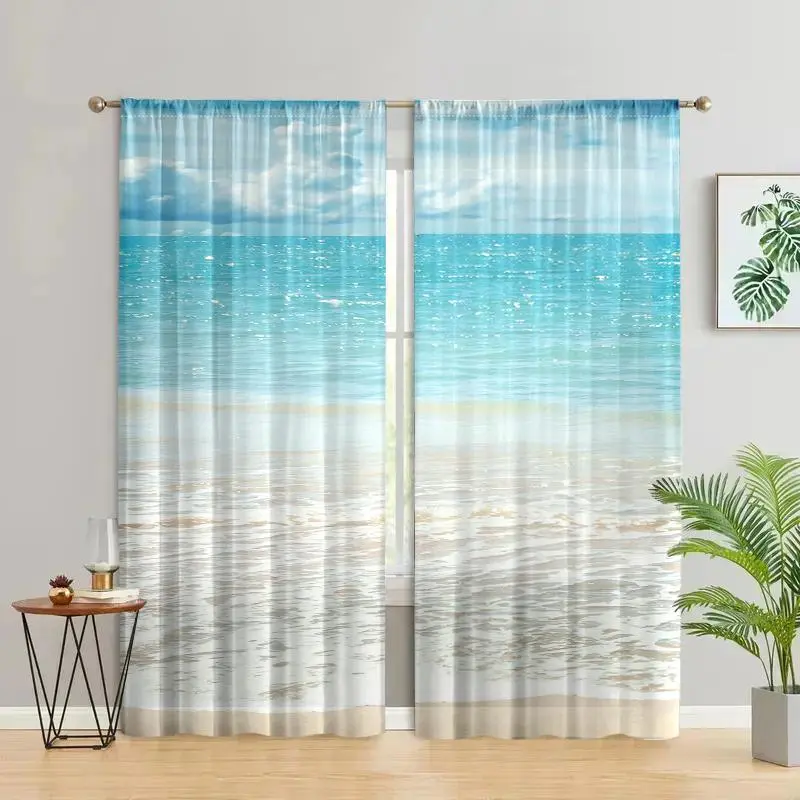 Beach Pattern Printing Curtain, 2 Counts/set Modern Casual Easy To Install Door Curtain, Window Drapes, Home Decorative Curtain, Home Decor for Living Room Bedroom Kitchen Study Room