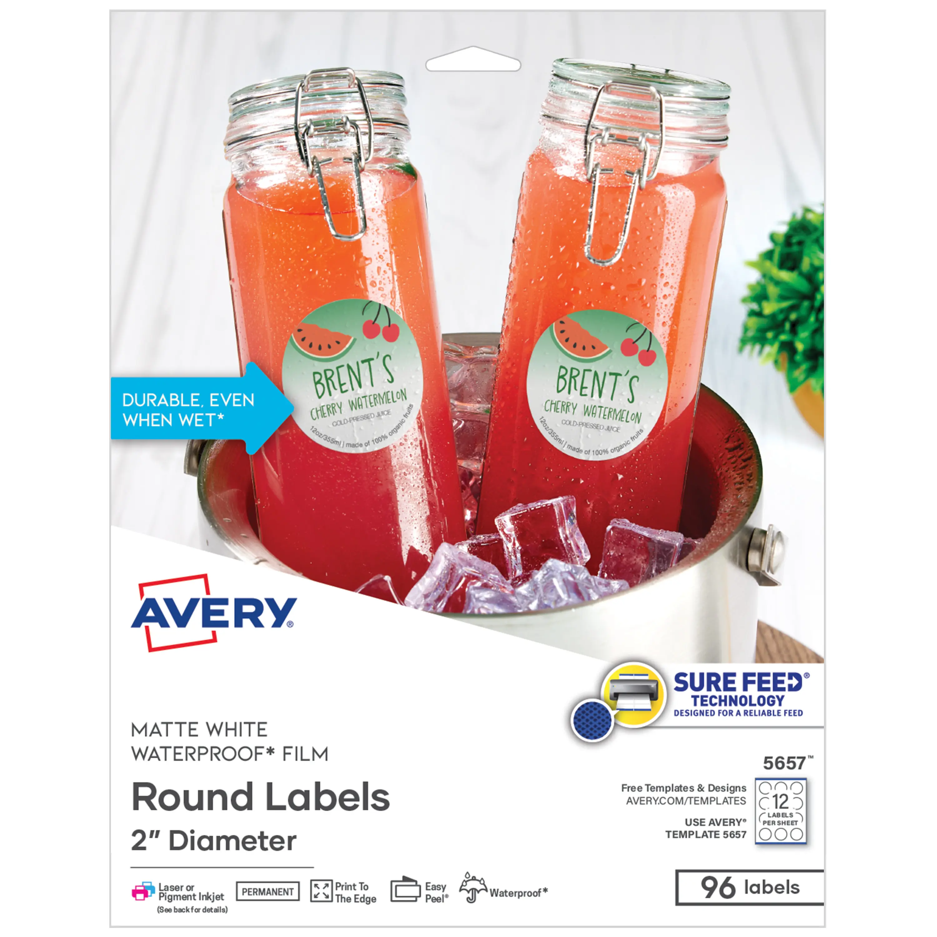 Avery Durable Waterproof Round Bottle Labels with Sure Feed Technology, 2" Diameter Matte White Circle Sticker Labels, Laser & Pigment-Inkjet Compatible, 96 Printable Bulk Branding Stickers (5657) [Wine Bottle Labels]