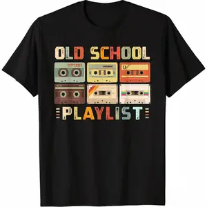 Cassette Tape Music 80s Retro Old School Playlist T-Shirt Summer Gift Short Sleeve Adult Shirt, Pure Cotton Men's and Women's Tops actual  80s  clothing