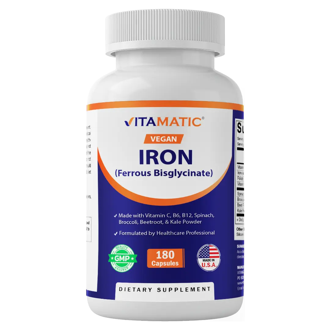 Vitamatic Vegan Iron with Vitamin C, B6, B12 & Folic Acid | Plus Spinach, Broccoli, Beetroot & Kale | 180 Capsules | Non-GMO, Gluten-Free, Sugar-Free | Made in USA