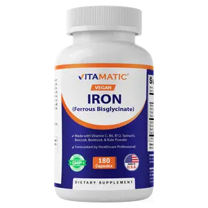 Vitamatic Vegan Iron with Vitamin C, B6, B12 & Folic Acid | Plus Spinach, Broccoli, Beetroot & Kale | 180 Capsules | Non-GMO, Gluten-Free, Sugar-Free | Made in USA
