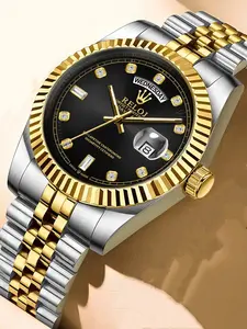 Top Luxury Log Series Business Men's Watch, Round Dial, Waterproof Calendar Display, Stainless Steel Butterfly Buckle Strap, Quartz Waterproof Watch