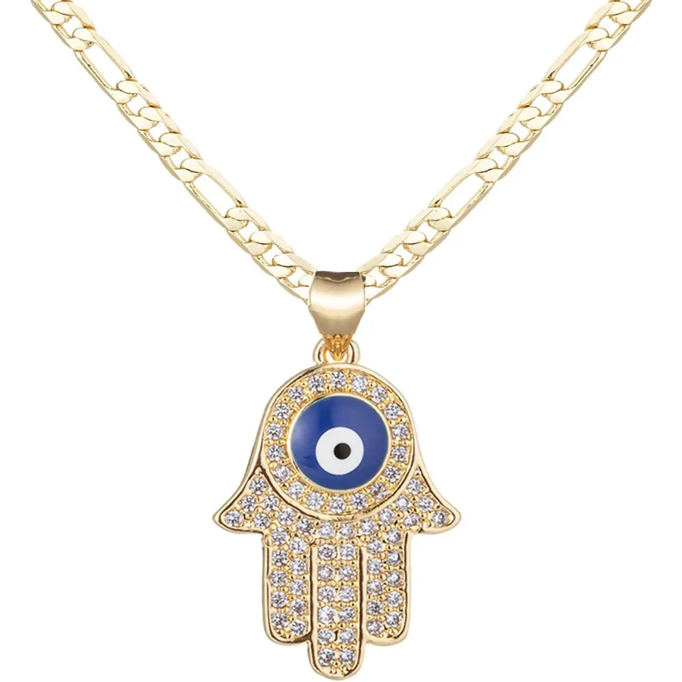 14K Gold Plated Hamsa Hand Pendant Necklace for Women Men Teens, 3mm Wide Stainless Steel Flat Figaro Chain Necklace
