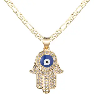 14K Gold Plated Hamsa Hand Pendant Necklace for Women Men Teens, 3mm Wide Stainless Steel Flat Figaro Chain Necklace