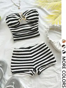 2pcs Women's Vacation Energetic Black & White Striped Textured Cropped Halter Top With Metal Buckle Decor And Super Short Casual Pants Set, Suitable For Dates, Parties, Casual Beach Vacation